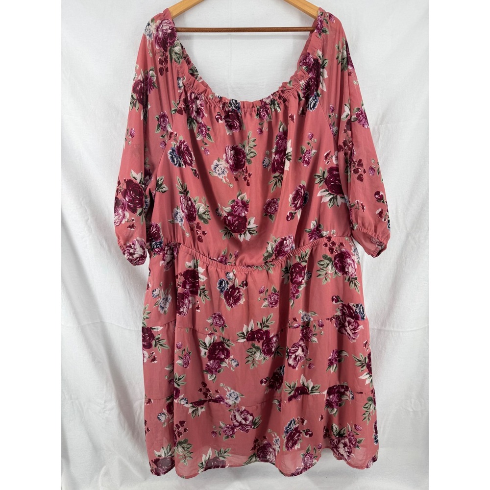 Lane Bryant Floral Off The Shoulder Dress Pink Rose Tiered Chiffon Plus Size 28